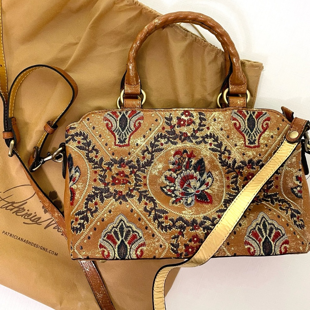 PATRICIA NASH crossbody tote Provincial Embroidery Collection ANGELIN Tan Gold